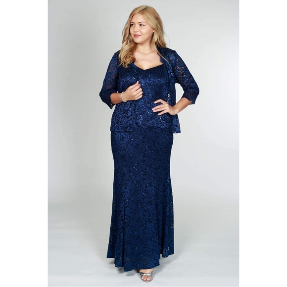 R&M Richards Long Mock Lace Jacket Dress, Navy Evening Gown, Size 6 New w/Tag - Picture 3 of 11